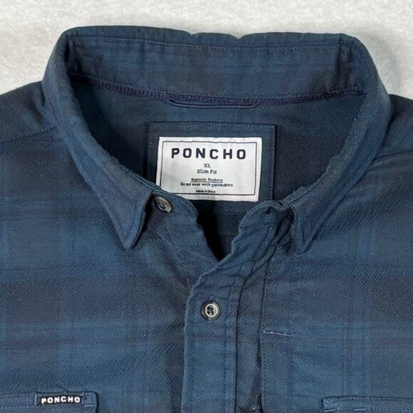 Poncho Flannel Shirt XL Slim Fit Blue Plaid Long Sleeve Button Up Fishing Casual - Picture 4 of 9